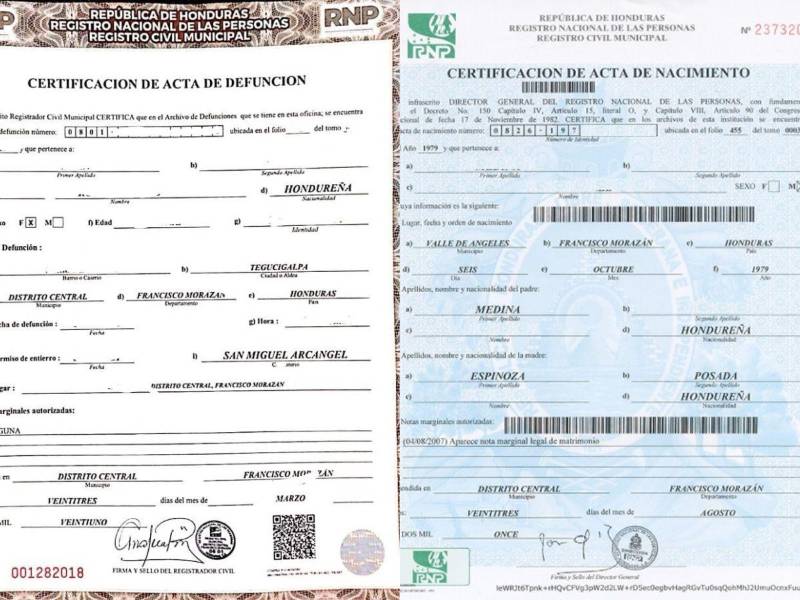 Certificación de acta de defunción y acta de nacimiento.