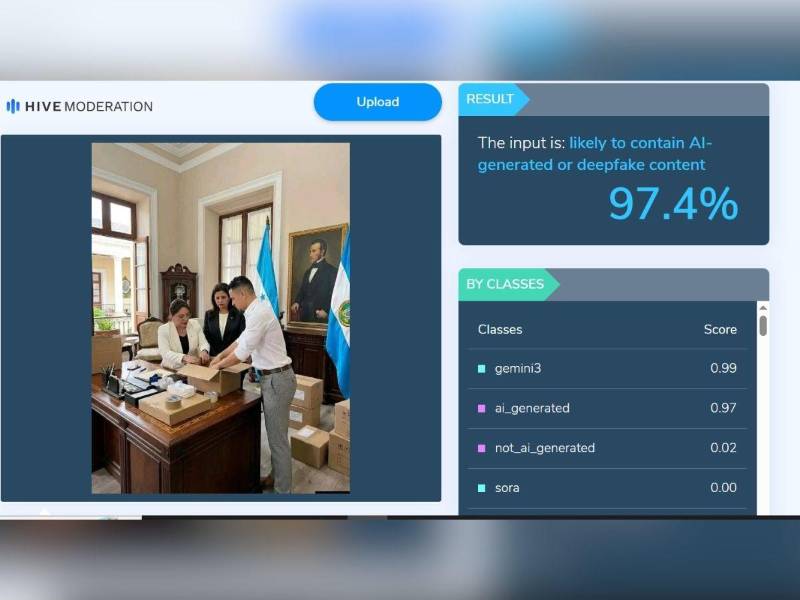 Captura de pantalla a los resultados de la herramienta Hive Moderation.