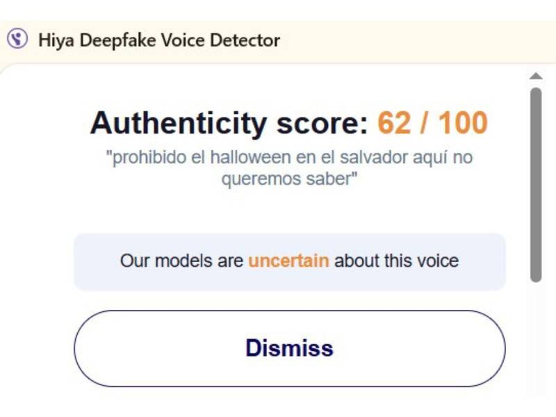 Captura de pantalla al resultado de Hiya Deepfake Voice Detector sobre el análisis del audio.