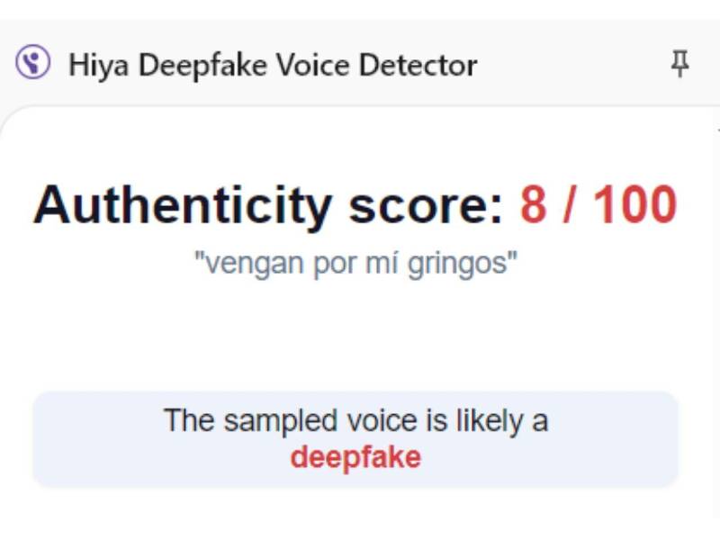 Captura de pantalla a los resultados de Hiya Deepfake Voice Dectector sobre el análisis del video.