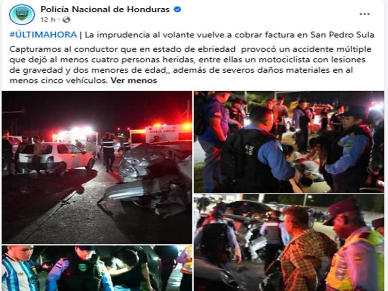 Conductor ebrio provoca múltiple accidente en San Pedro Sula y deja cuatro heridos