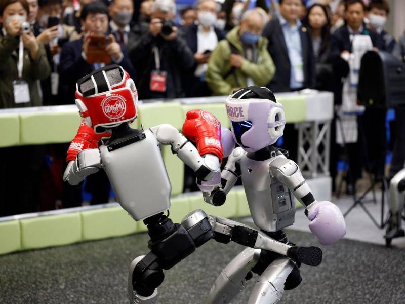 Dos robots dando una demostración de lucha durante la feria de robots en Tokio, Japón.