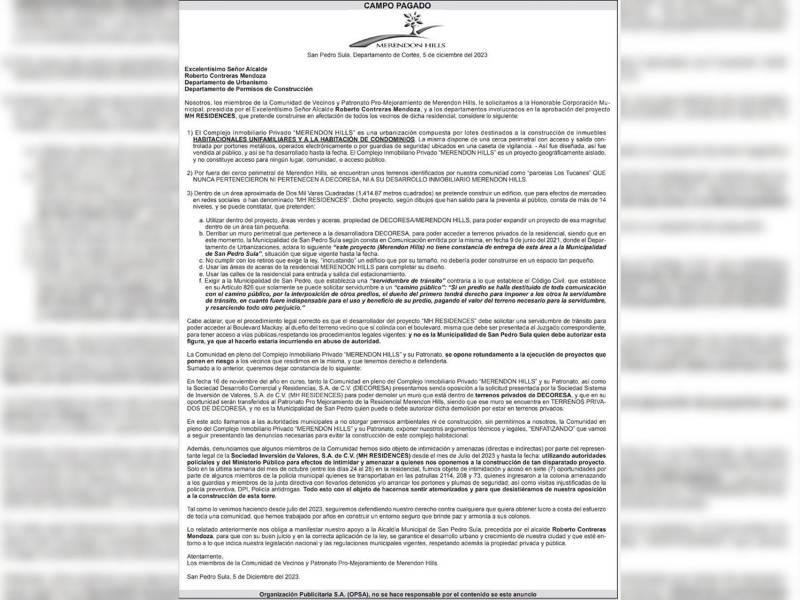 Solicitud a la Corporación Municipal de San Pedro Sula para detener el proyecto MH RESIDENCES.