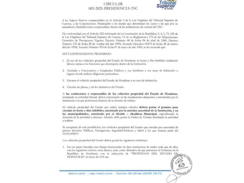 Comunicado oficial del Tribunal Superior de Cuentas (TSC).