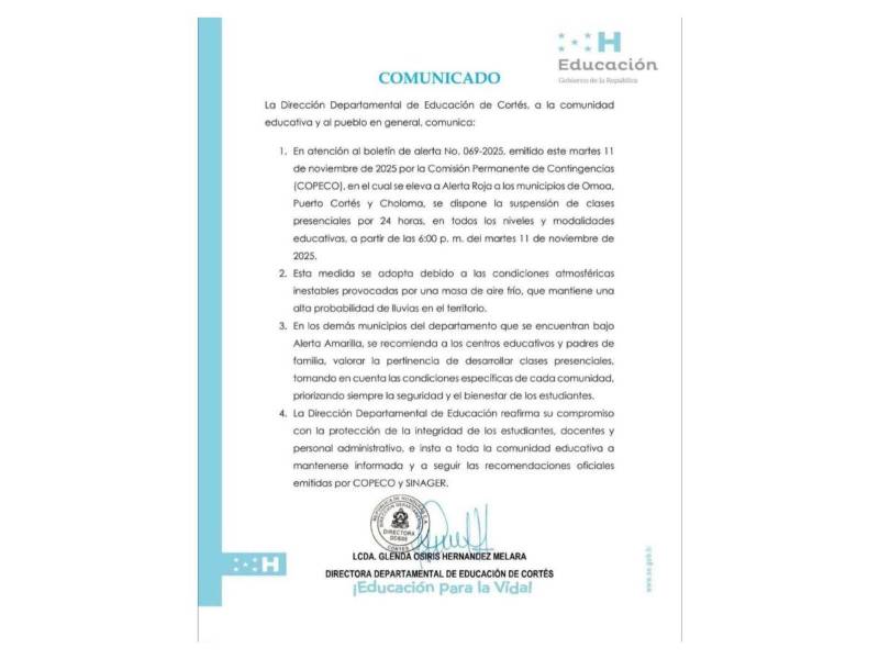Comunicado oficial de la Departamental de Eduación de Cortés.