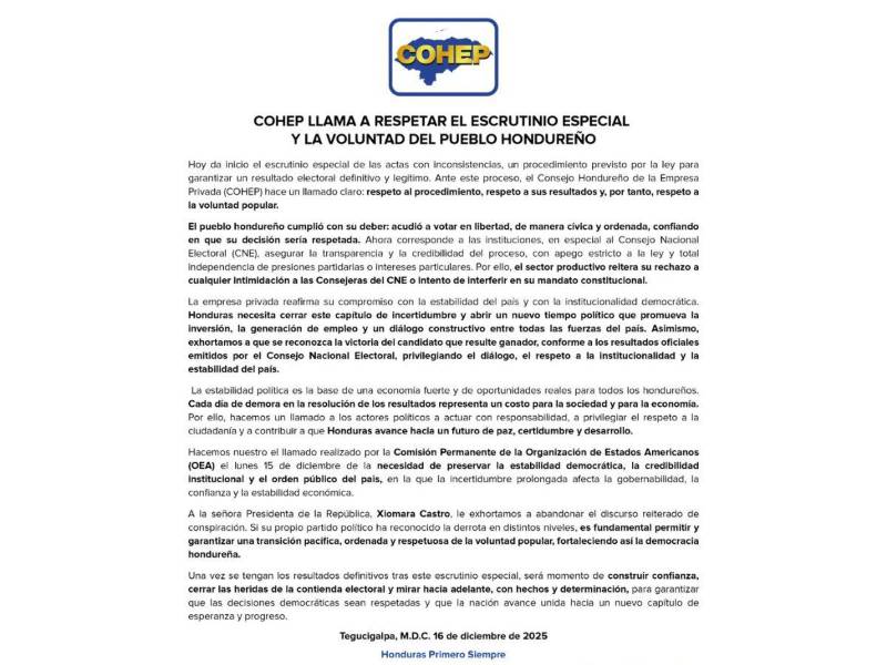 Comunicado oficial del COHEP.
