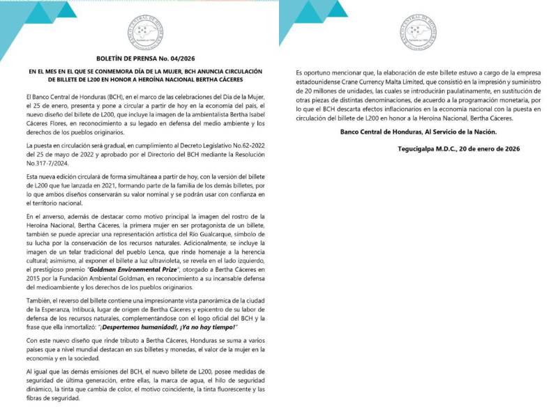 Comunicado del Banco Central de Honduras.