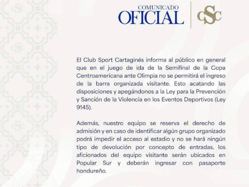 Comunicado del Cartaginés donde prohíben la entrada de la barra del Olimpia.