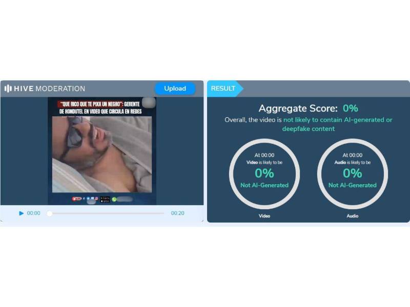 Captura de pantalla al resultado de Hive Moderation acerca del análisis del video.