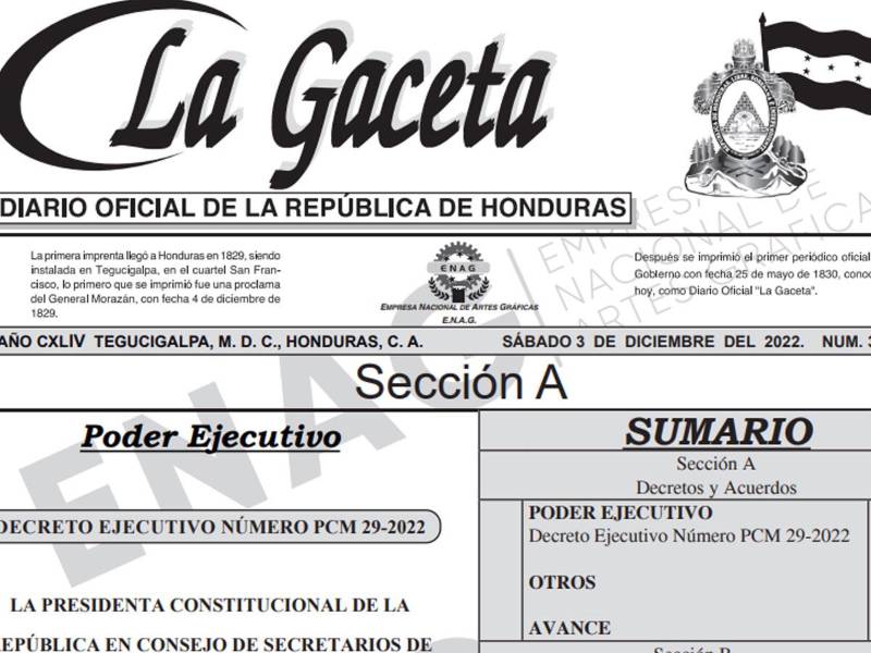 Decreto Ejecutivo publicado en La Gaceta.