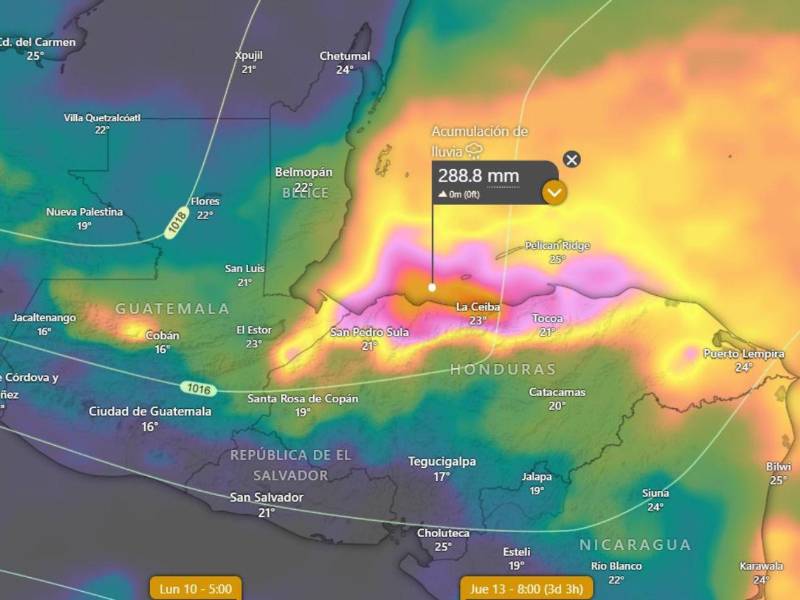 Cenaos prevé más de 150 mm de lluvia en zonas del norte de Honduras. en zonas montañosas hasta más de 200 mm.