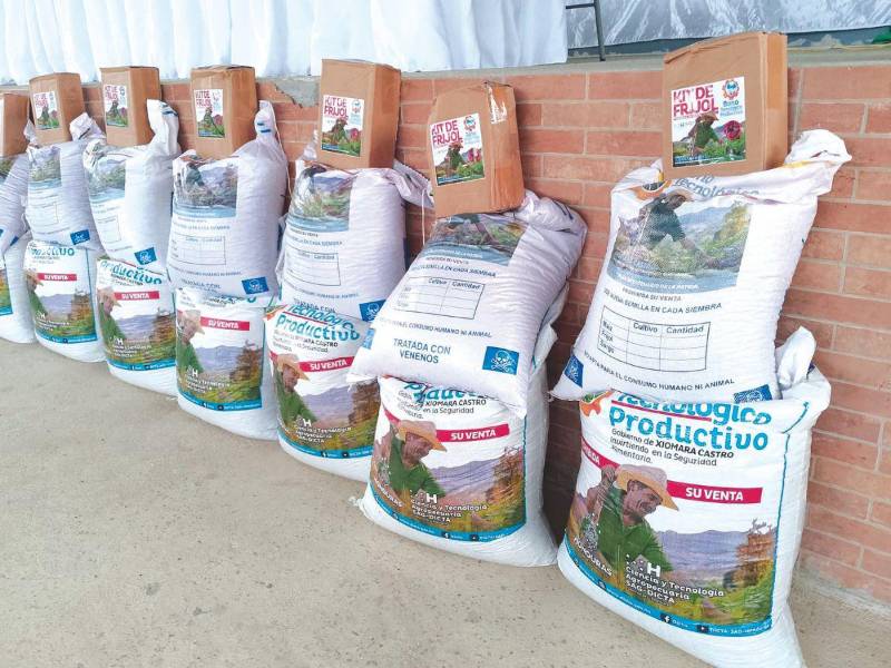 Sacos con fertilizantes y semillas que forman parte del bono agrícola que entrega el Gobierno.