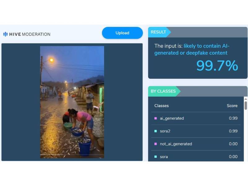Captura de pantalla a los resultados de Hive Moderation sobre el análisis de video.