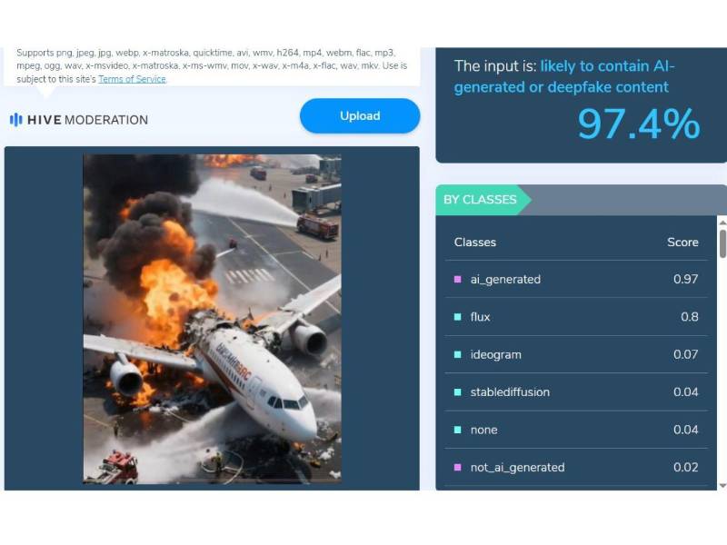 Captura de pantalla a los resultados de Hive Moderation sobre el análisis del video viral.