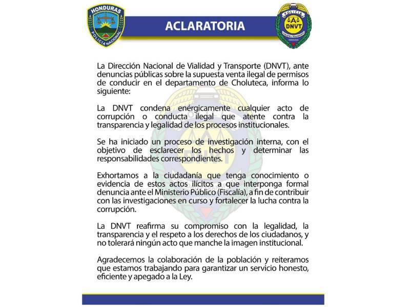 Comunicado oficial de la Dirección Nacional de Vialidad y Transporte.