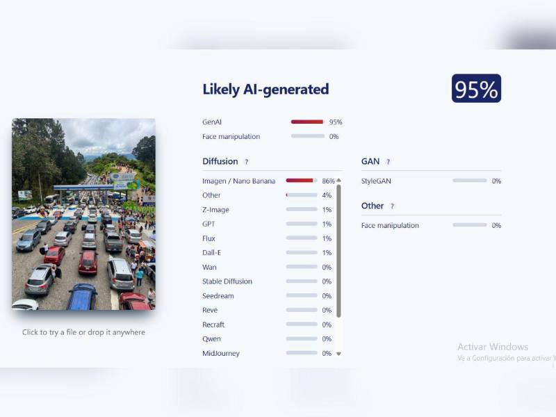Captura de pantalla a los resultados de la herramienta de detección de IA, Sightengine.