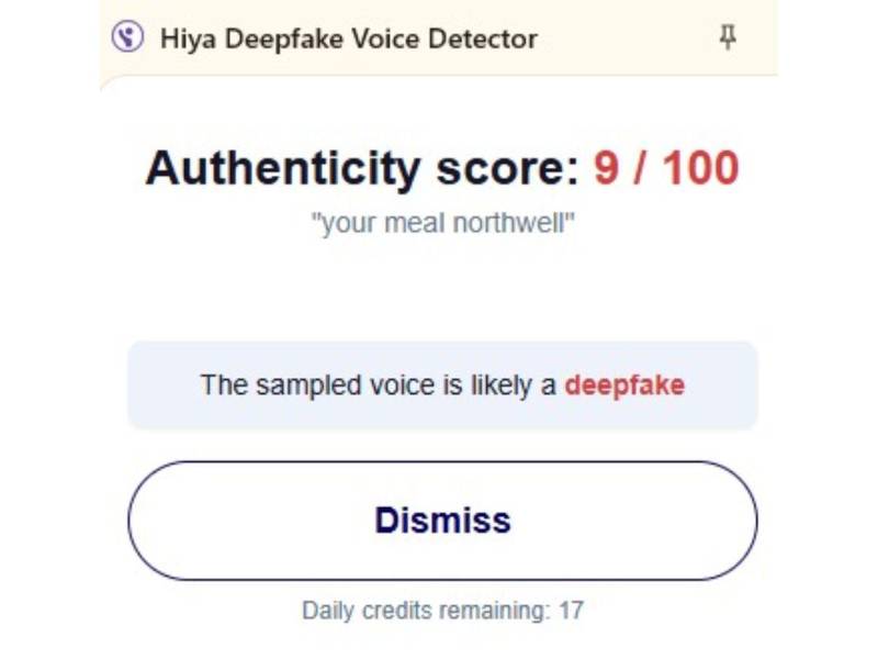 Captura de pantalla a los resultados de Hiya Deepfake Voice Dectector sobre el análisis del audio.
