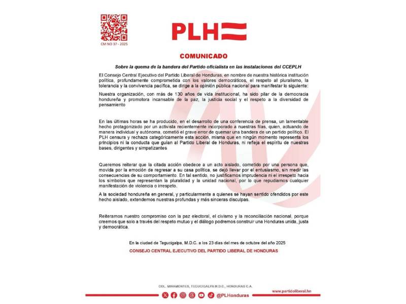 Comunicado oficial del Partido Liberal.