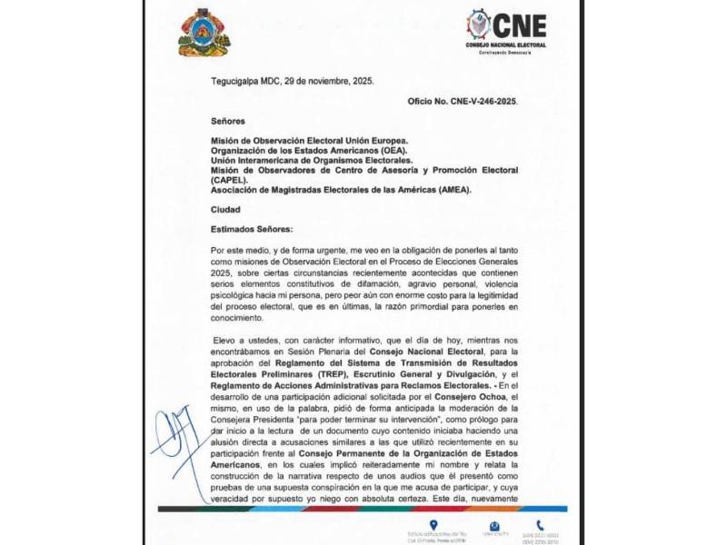 El oficio —CNE-V-246-2025— fue enviado a la Unión Europea, OEA, Uniore, CAPEL y AMEA.