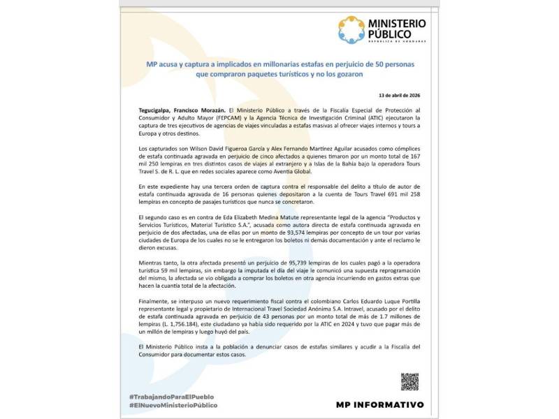 Comunicado oficial del Ministerio Público.