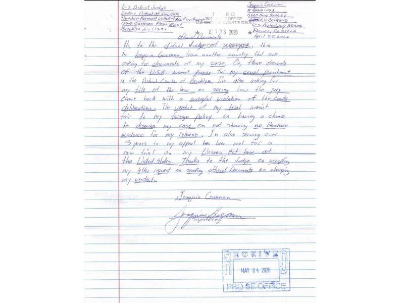 Lo que dice la carta que El Chapo Guzmán envió a la corte de EEUU