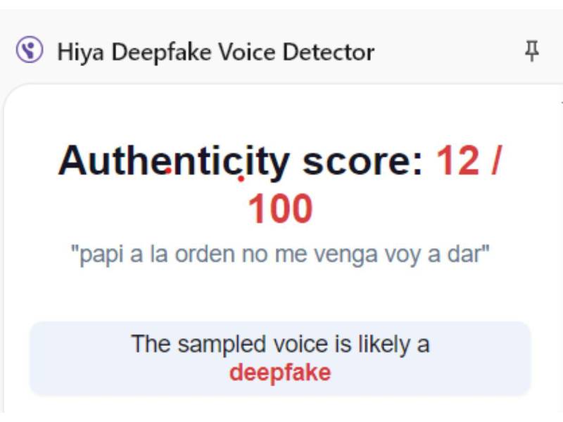Captura de pantalla a los resultados de Hiya Deepfake Voice Dectector sobre el análisis del audio.