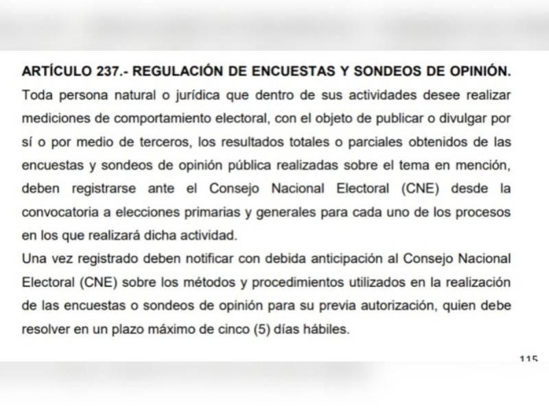 Captura de pantalla al artículo 237 de la Ley Electoral.
