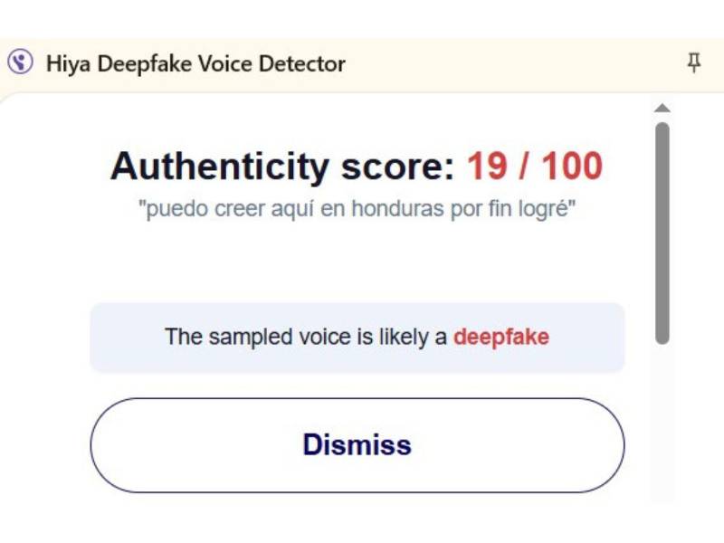 Captura de pantalla a los resultados de Hiya Deepfake Voice Dectector sobre el análisis del audio.