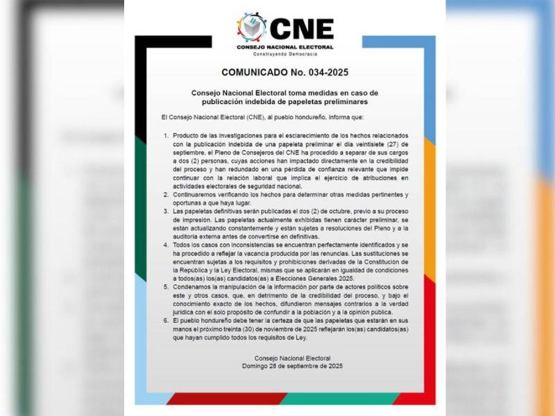 El pleno del CNE —mediante el comunicado No. 034-2025, leído por los tres consejeros— informó la separación de dos empleados.