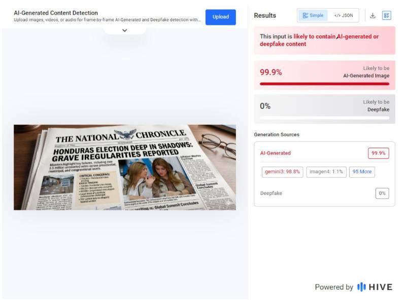 Captura de pantalla a los resultados de Hive Moderation sobre el análisis de la imagen.