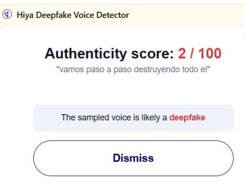 Captura de pantalla a los resultados de Hiya Deepfake Voice Dectector sobre el análisis de video.