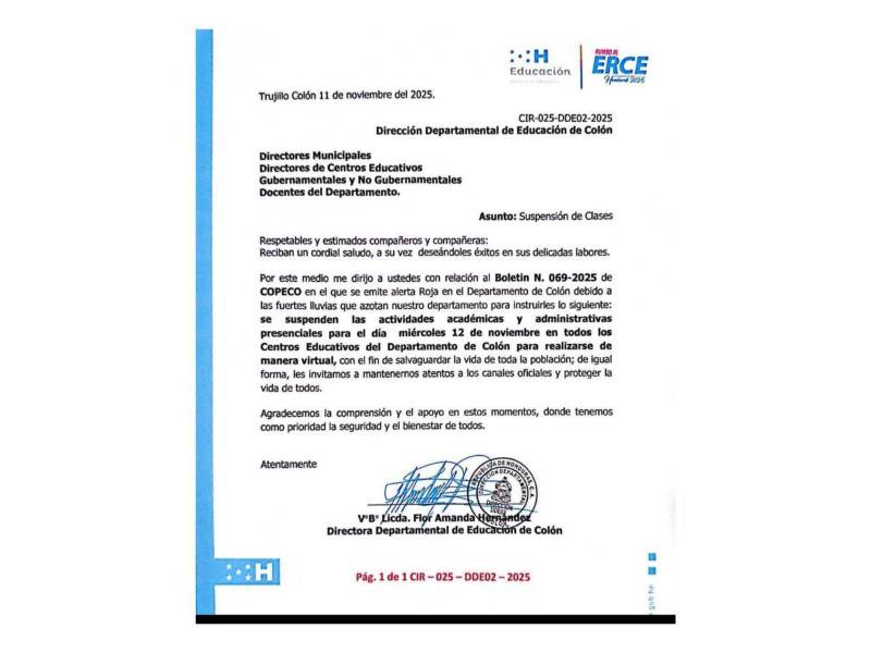 Comunicado oficial de la Departamental de Eduación de Colón.