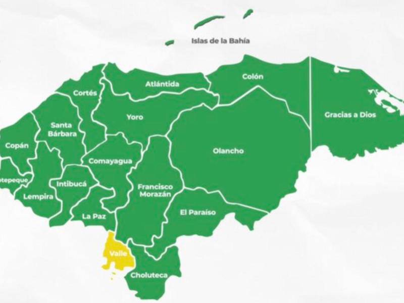 Representación gráfica de la alerta amarilla en Valle y la alerta verde para 17 departamentos de Honduras.