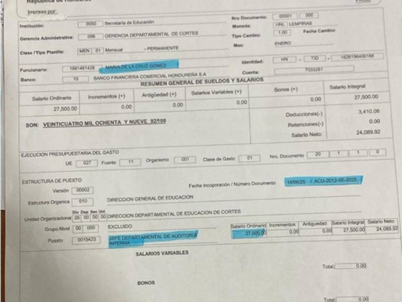 Comprobante de pago de la señora María de la Cruz Gómez, presentado como prueba por las autoridades de Educación este jueves 16 de abril.