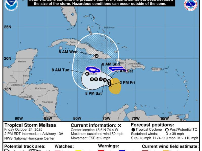 La ruta prevista de la tormenta tropical Melissa.