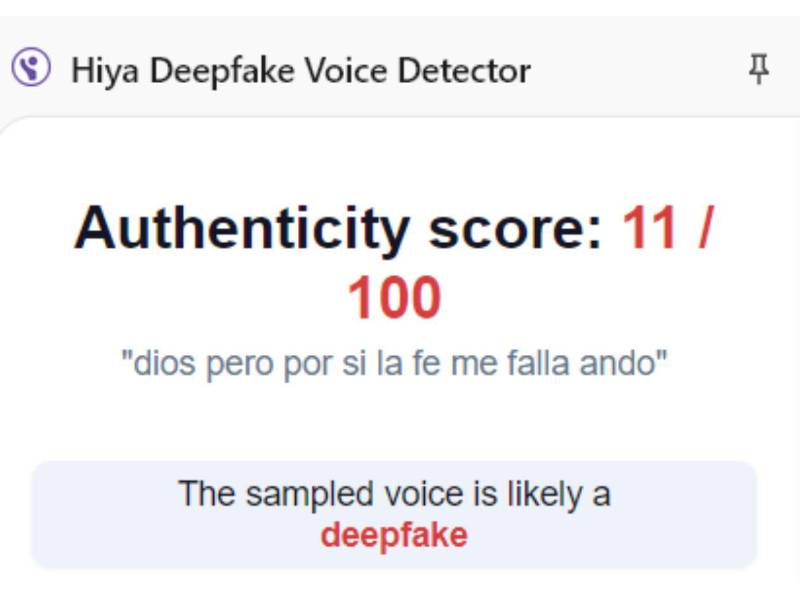 Captura de pantalla a los resultados de Hiya Deepfake Voice Dectector sobre el análisis del audio.