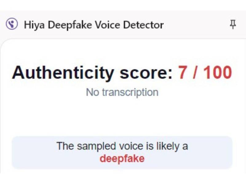 Captura de pantalla a los resultados de Hiya Deepfake Voice Dectector sobre el análisis del video.