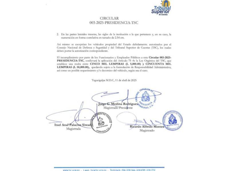 Comunicado oficial del Tribunal Superior de Cuentas (TSC).