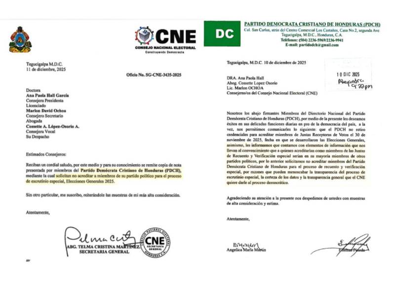 Copia de nota presentada por miembros del Partido Demócrata Cristiano de Honduras (PDCH).