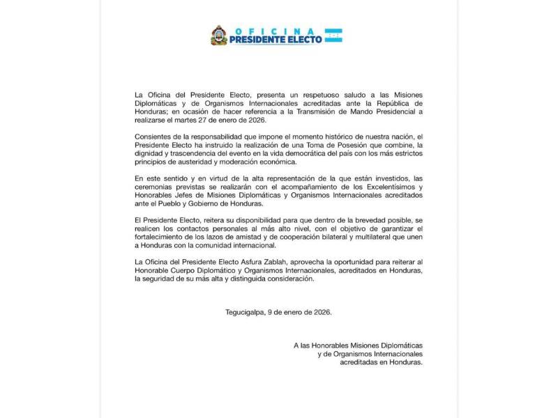 Comunicado oficial de la oficina del presidente electo.