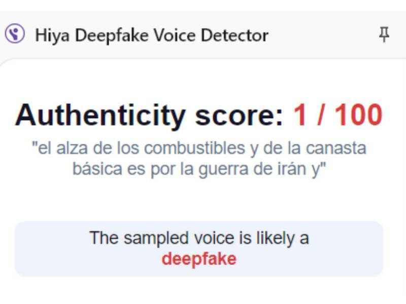 Captura de pantalla a los resultados de Hiya Deepfake Voice Dectector sobre el análisis del video.