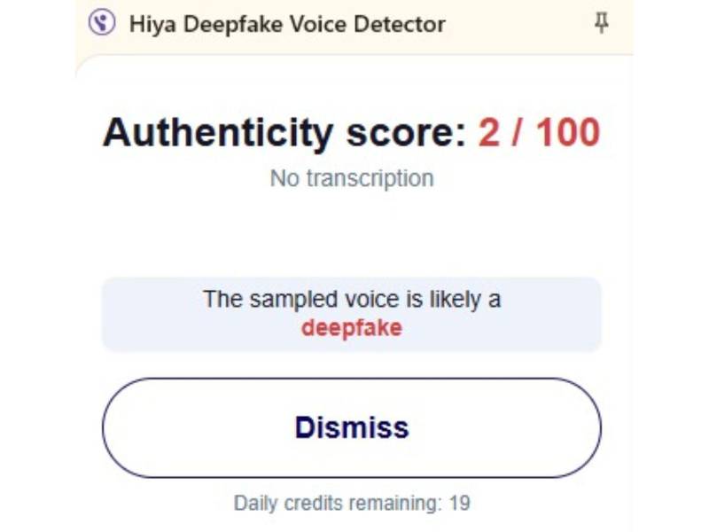 Captura de pantalla a los resultados de la herramienta Hiya de voces falsas hecha el 17 de septiembre de 2025.