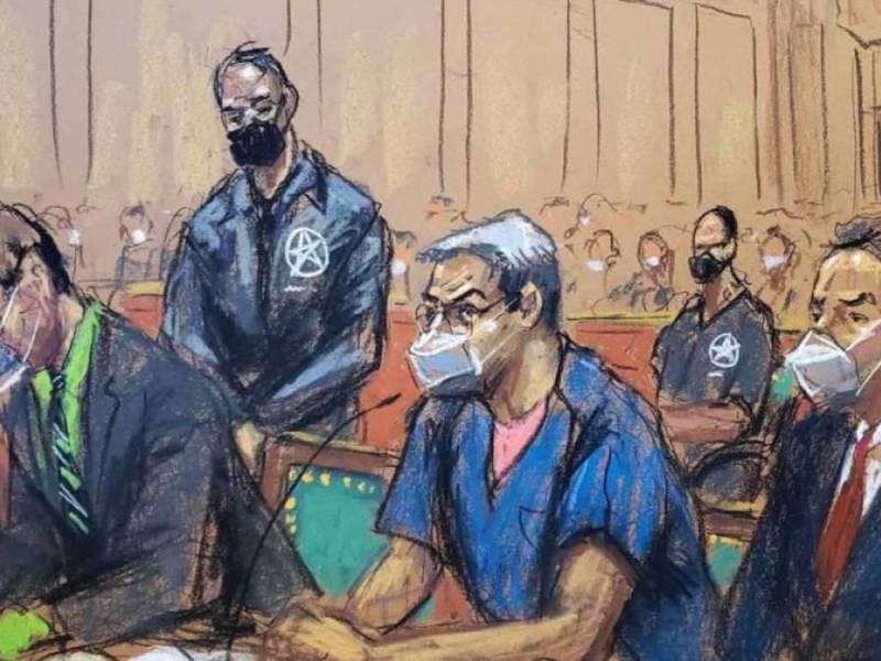 Dibujo de Juan Orlando Hernández en la Corte de Nueva York.