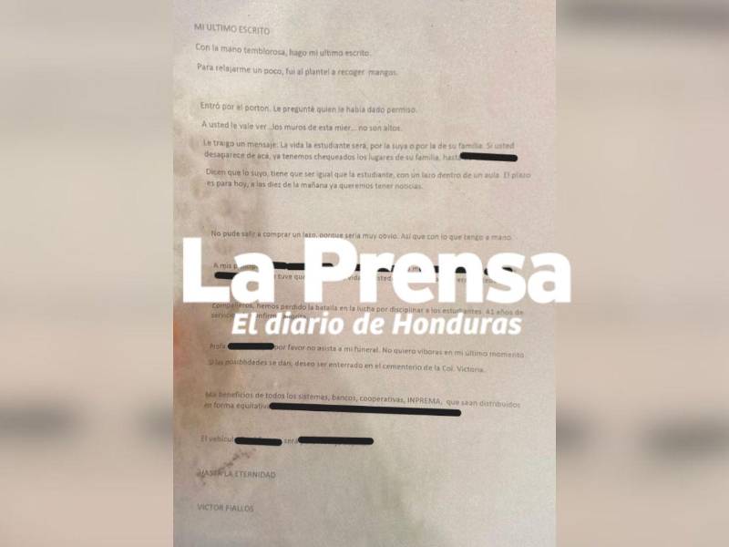 La carta que dejó el profesor Víctor Fiallos Paz.
