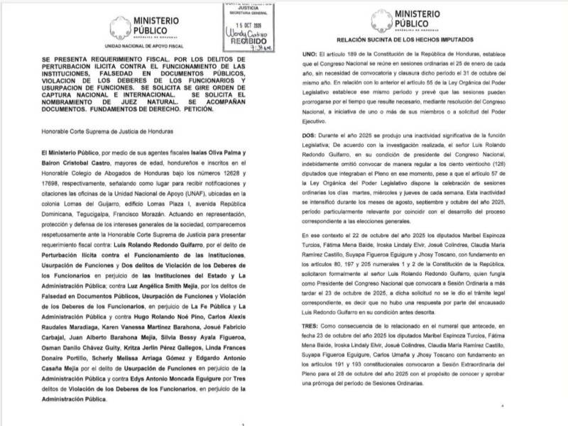 La Fiscalía acusa a Redondo y a los diputados de aprobar en una sesión extraordinaria el decreto 58-2025, que ordenaba revisar y recontar votos de las elecciones generales.