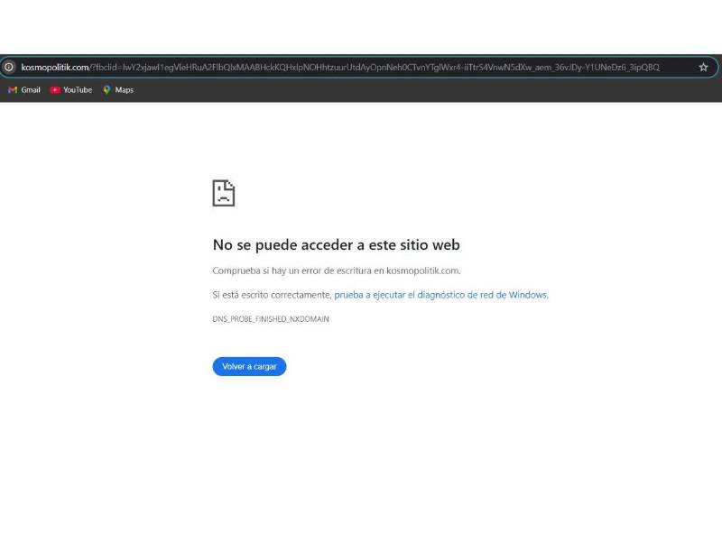 Captura de pantalla a la advertencia de restricción de acceso al sitio web kosmopolitik.com.
