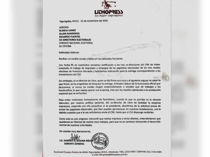 Carta enviada por Lithopress al Consejo Nacional Electoral (CNE), en la que denuncia el bloqueo en la entrega de las papeletas electorales correspondientes a Francisco Morazán.