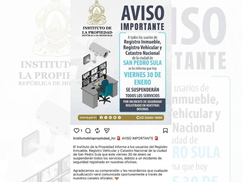 El Instituto de la Propiedad emitió un comunicado oficial para anunciar el cierre temporal de sus atenciones al público.