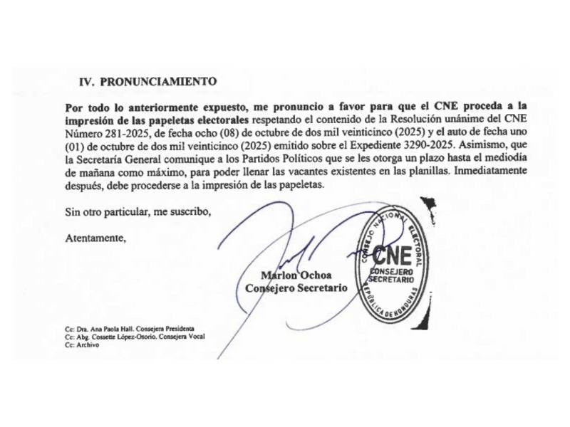 Documento oficial de diez páginas, firmado por el consejero Marlon Ochoa.