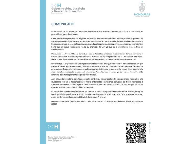 Comunicado de la Secretaría de Estado en los Despachos de Gobernación, Justicia y Descentralización.